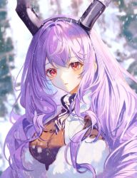 Rule 34 | 1girl, arknights, black hairband, blurry, blurry background, blush, breasts, day, depth of field, hairband, highres, horns, large breasts, lium, long hair, looking at viewer, official alternate costume, outdoors, parted lips, purple hair, red eyes, scarf, solo, striped clothes, striped scarf, typhon (arknights), typhon (northern pathfinder) (arknights), upper body, very long hair