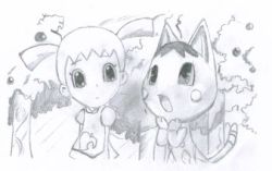 Rule 34 | 00s, 2girls, ai (animal crossing), animal crossing, cat, female focus, forest, furry, furry female, lowres, monochrome, multiple girls, nature, nintendo, rosie (animal crossing), sketch, traditional media