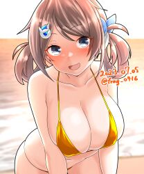 Rule 34 | 1girl, beach, black hair, breasts, brown hair, chougei (kancolle), cleavage, cowboy shot, dated, furaggu (frag 0416), grey eyes, hair ornament, hair rings, hairclip, highres, horizon, kantai collection, large breasts, leaning forward, long hair, ocean, one-hour drawing challenge, photo background, solo, twitter username