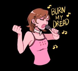 Rule 34 | 1girl, ashthelazy, bare arms, bare shoulders, black background, brown hair, camisole, choker, clenched hand, closed eyes, commentary, earrings, english commentary, hands up, highres, holding, holding microphone, jewelry, karaoke, microphone, music, musical note, open mouth, pearl earrings, persona, persona 3, pink camisole, serious, short hair, simple background, singing, solo, spaghetti strap, swept bangs, takeba yukari, upper body, white choker