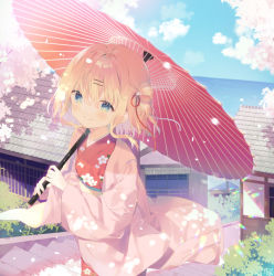 Rule 34 | 1girl, blonde hair, blue eyes, blue sky, branch, closed mouth, cloud, commentary, day, floral print, flower, hair between eyes, hair bun, hair flower, hair ornament, hairclip, holding, holding umbrella, horizon, japanese clothes, kimono, long sleeves, looking at viewer, mayu (yuizaki kazuya), obi, ocean, oil-paper umbrella, open clothes, original, outdoors, print kimono, red kimono, red umbrella, sash, side bun, single hair bun, single side bun, sky, smile, solo, stairs, stone stairs, symbol-only commentary, umbrella, water, white flower, wide sleeves, yuizaki kazuya