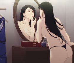 Rule 34 | 1girl, applying makeup, arm support, ass, back, black hair, blonde hair, bottle, breasts, brown eyes, clothes hanger, unworn clothes, cosmetics, crescent, crescent earrings, dress, earrings, final fantasy, final fantasy vii, final fantasy vii remake, from behind, hanpetos, indoors, jewelry, large breasts, leaning forward, lipstick, lipstick tube, long hair, looking at mirror, makeup, mirror, parted lips, perfume bottle, red eyes, reflection, solo, standing, table, thong, tifa lockhart, topless, underwear, underwear only, vanity table