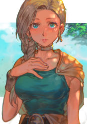 Rule 34 | 1girl, bianca (dq5), blonde hair, blue eyes, bracer, braid, breasts, cape, choker, dragon quest, dragon quest v, earrings, hair over shoulder, hand on own chest, hungry clicker, jewelry, long hair, looking at viewer, outdoors, single braid, solo, square enix, upper body