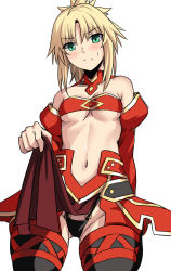 Rule 34 | 1girl, armor, bare shoulders, black panties, black thighhighs, blonde hair, blush, breasts, closed mouth, cowboy shot, detached sleeves, fate/apocrypha, fate (series), faulds, frown, green eyes, highleg, highleg panties, long hair, looking at viewer, mordred (fate), mordred (fate/apocrypha), navel, panties, parted bangs, ponytail, shiseki hirame, sidelocks, simple background, small breasts, solo, sweatdrop, thighhighs, underwear, white background