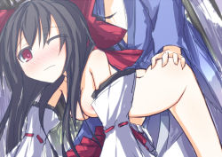 Rule 34 | 1girl, black hair, bow, breasts, clothed male nude female, clothed sex, detached sleeves, doggystyle, hair bow, hakurei reimu, hetero, ichiyan, long hair, nude, one eye closed, red eyes, sex, sex from behind, sketch, solo focus, touhou, wink