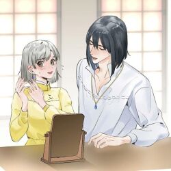 Rule 34 | 1boy, 1girl, blush, collared shirt, deer (deer423-81), dress, earrings, facing another, flying sweatdrops, grey eyes, grey hair, hands up, howl (howl no ugoku shiro), howl no ugoku shiro, indoors, jewelry, long sleeves, looking at viewer, mirror, necklace, open mouth, pectoral cleavage, pectorals, pendant, popped collar, profile, shirt, short hair, sideways glance, sophie (howl no ugoku shiro), table, upper body, v-neck, yellow dress