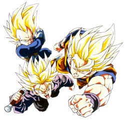 Rule 34 | 3boys, angry, blonde hair, clenched hands, dougi, dragon ball, dragonball z, father and son, fighting stance, fingernails, gloves, green eyes, highres, incoming attack, jacket, looking at viewer, maeda minoru, male focus, multiple boys, official art, open mouth, serious, short hair, simple background, son goku, spiked hair, super saiyan, super saiyan 1, sword, trunks (dragon ball), trunks (future) (dragon ball), vegeta, weapon, white background, wristband