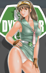 Rule 34 | 1girl, belt, black gloves, breasts, brown eyes, brown hair, cleavage, clothes lift, collared dress, collared shirt, commentary request, contrapposto, copyright name, crotch seam, dress, dress lift, dybastar, fingerless gloves, gloves, goggles, goggles on head, green dress, hand on own thigh, hand on thigh, head tilt, highres, lifting own clothes, light smile, lips, long hair, medium breasts, neckerchief, panties, parted lips, partial commentary, red neckerchief, shadow, shirt, short dress, sleeveless, sleeveless dress, solo, thighs, toten (der fuhrer), underwear, white belt, white panties, yurippe (dybastar)