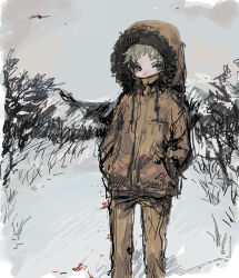 Rule 34 | 1boy, blonde hair, blood, blood trail, blue eyes, brown coat, brown pants, child, coat, covered mouth, feet out of frame, fur-trimmed hood, fur trim, grey background, grey sky, hands in pockets, high collar, highres, hood, hood up, jiz (pffbq), kenny mccormick, long sleeves, looking at viewer, male focus, mountain, mountainous horizon, outdoors, pants, parka, short hair, sketch, sky, snow, solo, south park, standing, winter