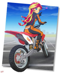 Rule 34 | 1girl, animification, ass, blowing kiss, boots, gloves, green eyes, heart, highres, honda crf450x, jacket, long hair, motocross, motor vehicle, motorcycle, multicolored hair, my little pony, my little pony: equestria girls, my little pony: friendship is magic, one eye closed, smile, solo, streaked hair, sunset shimmer, two-tone hair, uotapo, wink