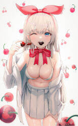 Rule 34 | 1girl, absurdres, bow, bowtie, bra, breasts, cherry, cherry earrings, chocolate, cleavage, cowboy shot, earrings, food, food-themed earrings, food in mouth, food themed earrings, fruit, hair ribbon, hairband, hand on own thigh, hand up, highres, holding, holding food, holding fruit, jewelry, jisu lee, large breasts, leaning forward, long hair, long sleeves, mouth hold, navel, one eye closed, open clothes, open mouth, open shirt, original, pleated skirt, red bow, red bowtie, red hairband, red ribbon, ribbon, shirt, single earring, skirt, solo, stomach, teeth, underwear, white background, white bra, white hair, white shirt