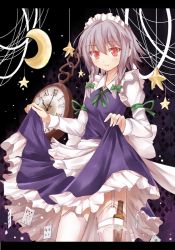 Rule 34 | 1girl, blush, bow, braid, card, clothes lift, crescent, dress, dress lift, efe, embodiment of scarlet devil, female focus, garter straps, izayoi sakuya, knife, letterboxed, maid, maid headdress, md5 mismatch, playing card, pocket watch, red eyes, ribbon, short hair, silver hair, skirt, smile, solo, star (symbol), throwing knife, touhou, twin braids, watch, weapon