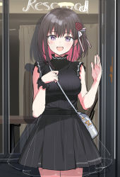 Rule 34 | 1girl, absurdres, alternate costume, azki (hololive), bag, black dress, breasts, brown hair, colored inner hair, commentary, dress, english commentary, flower, hair behind ear, hair flower, hair ornament, handbag, highres, hololive, medium breasts, multicolored hair, nonbire, open hand, pink hair, purple eyes, red flower, scrunchie, see-through, see-through skirt, sketch, skirt, smile, solo, unfinished, virtual youtuber, waving, white bag, window