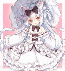 Rule 34 | 1girl, animal ears, azur lane, bare shoulders, black bow, bow, breasts, cat ears, commentary request, dress, frilled dress, frills, hair bow, long hair, long sleeves, medium breasts, off-shoulder dress, off shoulder, shirt, silver hair, sleeveless, sleeveless shirt, sleeves past fingers, sleeves past wrists, solo, tengxiang lingnai, two side up, umbrella, very long hair, white bow, white dress, white shirt, white umbrella, wide sleeves, yukikaze (azur lane), yukikaze (sovereign of the swing) (azur lane)