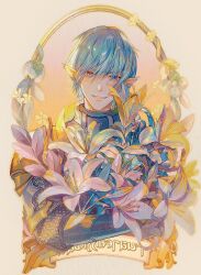 Rule 34 | 1boy, armor, blue eyes, blue hair, border, brown gloves, chainmail, cropped torso, crossed arms, earclip, elezen, elf, final fantasy, final fantasy xiv, flower, gloves, haurchefant greystone, highres, holding, holding flower, jingjue de yumiao, lily (flower), looking at viewer, male focus, ornate border, parted lips, pauldrons, pointy ears, round border, short hair, shoulder armor, smile, solo, upper body, vambraces, white flower, yellow background