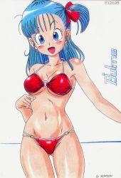 Rule 34 | 1girl, :d, armpits, artist name, bikini, blue eyes, blue hair, blunt bangs, blush, bow, breasts, bulma, character name, cleavage, clenched hand, cowboy shot, dated, dragon ball, groin, hair bow, hair ribbon, happy, head tilt, hip focus, long hair, looking at viewer, matching hair/eyes, medium breasts, navel, o-ring, o-ring bikini, o-ring bottom, o-ring top, one side up, open mouth, outstretched arm, red bikini, red bow, red ribbon, ribbon, sideboob, simple background, skindentation, smile, solo, standing, straight hair, string bikini, swimsuit, thighs, traditional media, underboob, white background, worson