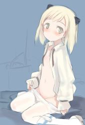 Rule 34 | 1girl, aged down, animal ears, bed, blonde hair, blush, boots, clothes pull, elma leivonen, flat chest, green eyes, knee boots, looking at viewer, no bra, no panties, open clothes, open shirt, pantyhose, pantyhose pull, shimada fumikane, shirt, sitting, sketch, solo, strike witches, strike witches: suomus misfits squadron, undressing, untied, wariza, white pantyhose, world witches series