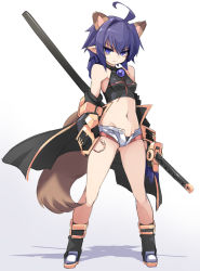 Rule 34 | 1girl, ahoge, animal ears, breasts, extra ears, full body, karukan (monjya), long hair, matsuhime mujina, micro shorts, navel, open clothes, open shorts, pointy ears, purple eyes, purple hair, raccoon ears, raccoon tail, shadow, sheath, sheathed, shinrabanshou, shorts, simple background, small breasts, solo, standing, sword, tail, weapon, white background