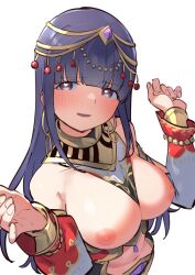 Rule 34 | 1girl, absurdres, arabian clothes, bare shoulders, black shirt, blunt bangs, blush, bracer, breasts, breasts out, circlet, clothes pull, commentary, detached sleeves, earrings, fingernails, from above, gem, goe (g-o-e), gold trim, hands up, harem outfit, heart, heart-shaped pupils, highres, hoop earrings, jewelry, large breasts, long hair, long sleeves, looking at viewer, looking up, midriff, navel, neck ring, nipples, official alternate costume, parted lips, puffy detached sleeves, puffy long sleeves, puffy sleeves, purple eyes, purple gemstone, purple hair, shirt, shirt pull, shoujo kageki revue starlight, shoujo kageki revue starlight -re live-, sidelocks, simple background, sleeveless, sleeveless shirt, smile, solo, standing, stomach, symbol-only commentary, symbol-shaped pupils, tsuyuzaki mahiru, two-tone shirt, upper body, very long hair, w arms, white background, white shirt, wide sleeves