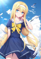 Rule 34 | 1girl, absurdres, alice zuberg, arm at side, bird, blonde hair, blue dress, blue eyes, blush, border, bow, cloud, collarbone, commentary request, cowboy shot, day, dress, feathers, hair intakes, hair ribbon, hairband, hand up, highres, legs together, long hair, looking at viewer, low-tied long hair, outdoors, puffy short sleeves, puffy sleeves, railing, resolution mismatch, ribbon, sailor collar, sailor dress, school uniform, seagull, serafuku, short sleeves, sky, smile, solo, source larger, sword art online, taro (ultrataro), uniform, very long hair, white ribbon, white sailor collar, yellow neckwear