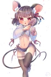 Rule 34 | 1girl, animal ears, black thighhighs, chinese clothes, crystal, dual wielding, food, grey hair, hair ribbon, highres, holding, ibaraki natou, jewelry, leg up, looking at viewer, mouse ears, mouse tail, navel, nazrin, open mouth, panties, popsicle, red eyes, ribbon, shoes, short hair, side-tie panties, simple background, smile, solo, tail, thighhighs, touhou, underwear, white background