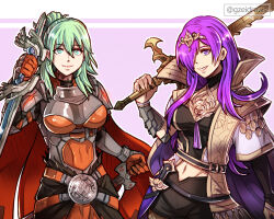 Rule 34 | 2girls, belt, breasts, byleth (female) (fire emblem), byleth (female) (fire emblem) (cosplay), byleth (fire emblem), cape, commentary, cosplay, costume switch, dagger, fire emblem, fire emblem: three houses, fire emblem warriors: three hopes, green eyes, green hair, grin, gzei, hair over one eye, highres, holding, holding sword, holding weapon, knife, long hair, looking at viewer, medium breasts, multiple girls, navel, nintendo, ponytail, shez (female) (fire emblem), shez (female) (fire emblem) (cosplay), shez (fire emblem), smile, sword, sword of the creator, upper body, very long hair, weapon