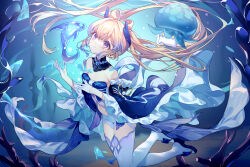 Rule 34 | 1girl, absurdres, bare shoulders, blue background, blue bow, blue hair, blue horns, blue kimono, bow, bow-shaped hair, breasts, cleavage, collar, colored tips, coral, cropped kimono, detached collar, fish, floating clothes, floating hair, frilled collar, frilled sleeves, frills, full body, genshin impact, gloves, gradient hair, half gloves, hands up, highres, horns, japanese clothes, jellyfish, kimono, legs up, light particles, lite luyu, long hair, looking up, multicolored hair, navel, pink hair, ponytail, purple eyes, sangonomiya kokomi, shorts, small breasts, smile, solo, stomach, underwater, very long hair, white gloves, white shorts, wide sleeves