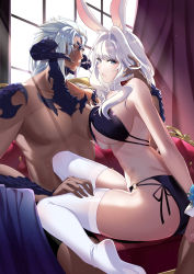 Rule 34 | 1boy, 1girl, absurdres, aer (tengqiu), animal ears, au ra, bikini, black bikini, black thighhighs, blue eyes, breasts, character request, couch, final fantasy, final fantasy xiv, highres, horns, indoors, large breasts, long hair, looking at viewer, on bed, rabbit ears, room, short hair, sitting, sitting on person, swimsuit, thighhighs, tight clothes, underwear, warrior of light (ff14), white hair