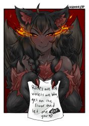 Rule 34 | 1girl, absurdres, ahoge, animal ear fluff, animal ears, animal hands, artist name, black border, black fur, black hair, black sclera, black skin, blush, border, braid, censored, censored text, claws, colored sclera, colored skin, dog ears, dog tail, english text, fang, fang out, fingernails, fire, flaming eyes, giving, happy, heart, hellhound (monster girl encyclopedia), hhhori, highres, holding, letter, looking at viewer, love letter, monster girl, monster girl encyclopedia, monster girl encyclopedia ii, nail polish, naughty face, note, nude, orange eyes, paper, poem, red background, red eyes, red nails, sharp fingernails, side braid, signature, simple background, single braid, skin fang, slit pupils, smile, solo, tail, tail wagging, v-shaped eyebrows, wolf ears