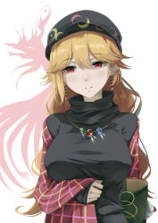 Rule 34 | 1girl, absurdres, alternate costume, bag, black dress, black hat, black sleeves, blonde hair, breasts, closed mouth, crescent, dress, earrings, earth (ornament), hair between eyes, hat, highres, jacket, jewelry, junko (touhou), large breasts, long hair, long sleeves, looking to the side, necklace, otomeza ryuseigun, pink eyes, plaid, plaid jacket, red jacket, red sleeves, smile, solo, teeth, touhou, white background