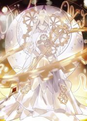 1girl bridal_veil bride clock clock_hair_ornament closed_eyes dress e.g.o_(project_moon) elbow_gloves everlasting_(e.g.o) everlasting_faust_(project_moon) faust_(project_moon) gear_hair_ornament gears gloves highres holding holding_sword holding_weapon laenjen78201 limbus_company project_moon short_hair sleeveless sleeveless_dress solo sparkle sword veil weapon wedding_dress white_dress white_gloves white_hair white_veil