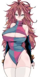 Rule 34 | 1girl, android, android 21, arc system works, bare shoulders, blue eyes, bracelet, breasts, brown hair, cleavage, cleavage cutout, closed mouth, clothing cutout, dragon ball, dragon ball fighterz, ear piercing, earrings, elbow gloves, female focus, gloves, gold bracelet, gold earrings, hair between eyes, heattech leotard, highres, hoop earrings, huge breasts, jewelry, kinakomochi (user vedc2333), leotard, long hair, looking at viewer, multicolored clothes, multicolored leotard, piercing, simple background, smile, solo, standing, thick thighs, thighhighs, thighs, turtleneck, very long hair, white background, white thighhighs, wide hips