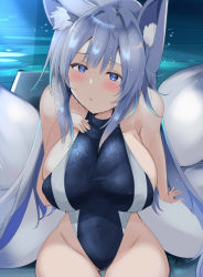 Rule 34 | 1girl, animal ear fluff, animal ears, azur lane, blue one-piece swimsuit, blush, breasts, covered erect nipples, fox ears, fox girl, fox tail, grey hair, hand on own chest, highres, kitsune, large breasts, large tail, long hair, looking at viewer, night, one-piece swimsuit, purple eyes, shinano (azur lane), sitting, solo, swimsuit, tail, tonchinkan, very long hair, water, white hair, white tail