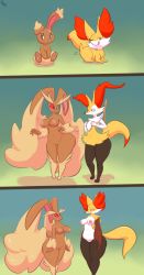Rule 34 | 2girls, absurdres, animal ears, animal hands, ass, black sclera, braixen, breast envy, breasts, buneary, cleft of venus, colored sclera, creatures (company), delphox, diamond (shape), feet, fennekin, fox ears, fox tail, full body, furry, game freak, gen 4 pokemon, gen 6 pokemon, gradient background, green background, half-closed eyes, highres, immortalstar, inverted nipples, large breasts, looking up, lopunny, multiple girls, multiple views, navel, nintendo, nipples, one eye closed, pokemon, pokemon (creature), pokemon dppt, pokemon xy, pussy, rabbit ears, rabbit tail, red eyes, signature, simple background, sitting, smile, standing, stick, tail, text focus, tongue, tongue out, uncensored, white eyes, wink