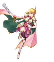 Rule 34 | 1girl, armor, artist request, black thighhighs, blonde hair, blue eyes, breastplate, cape, dress, elbow gloves, fire emblem, fire emblem: thracia 776, fire emblem heroes, full body, gloves, greaves, highres, holding, holding sword, holding weapon, nanna (fire emblem), nintendo, non-web source, official art, open mouth, pauldrons, pink cape, pink dress, short hair, shoulder armor, solo, sword, thighhighs, transparent background, weapon, white gloves, wing hair ornament