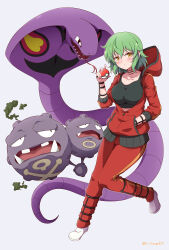 Rule 34 | 1girl, absurdres, arbok, black choker, black eyes, black sports bra, blush, breasts, choker, cobra (animal), collarbone, creatures (company), crossover, eggman (pixiv28975023), fangs, floating, forked tongue, game freak, gen 1 pokemon, green hair, highres, hikage (senran kagura), holding, holding poke ball, hood, hood down, hooded jacket, hoodie, jacket, large breasts, looking at viewer, multiple heads, nintendo, open mouth, parted lips, poke ball, poke ball (basic), pokemon, pokemon (creature), senran kagura, senran kagura burst, senran kagura new link, senran kagura shoujo-tachi no shin&#039;ei, short hair, simple background, skull and crossbones, slit pupils, smoke, snake, sports bra, standing, tail, tongue, tongue out, track suit, trait connection, tusks, weezing, white footwear, yellow eyes