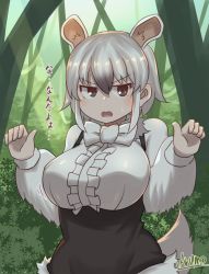 Rule 34 | 1girl, animal ears, artist name, black dress, black eyes, black hair, blush, bow, bowtie, breasts, bush, day, dress, female focus, frilled shirt, frills, fur-trimmed dress, fur collar, fur trim, gradient hair, green background, grey hair, hands up, highres, japanese text, kemono friends, large breasts, light blush, light rays, long sleeves, looking at viewer, motion lines, multicolored hair, open mouth, outdoors, plant, ryuusui arumo, shirt, short dress, sidelocks, signature, sleeveless, sleeveless dress, solo, southern tamandua (kemono friends), sweat, tail, talking, translation request, tree, v-shaped eyebrows, vines, white bow, white bowtie, white hair, white shirt