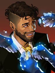 Rule 34 | 1boy, absurdres, adjusting another&#039;s hair, adjusting clothes, adjusting necktie, apex legends, black jacket, brown eyes, brown hair, collared shirt, commentary, earrings, english commentary, facial hair, goatee, hand on another&#039;s shoulder, hedgemice, highres, hologram, jacket, jewelry, looking to the side, male focus, mirage (apex legends), necktie, parted lips, red background, scar, scar across eye, shirt, smile, solo focus, undercut, western comics (style), white shirt, yellow necktie