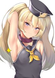 Rule 34 | 1girl, :3, absurdres, anchor print, arm up, armpits, azur lane, bache (azur lane), bad id, bad pixiv id, bare arms, bare shoulders, black hat, black sailor collar, black shirt, blonde hair, blush, breasts, closed mouth, collar, hat, highres, huge filesize, long hair, looking at viewer, neckerchief, purple eyes, sailor collar, sailor hat, sailor shirt, shirt, simple background, sleeveless, sleeveless shirt, small breasts, smile, solo, sparkle, two side up, upper body, white background, yellow neckerchief, zengi