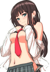 Rule 34 | 1girl, absurdres, aqua eyes, bare shoulders, between breasts, blush, bra, bra lift, breast suppress, breasts, brown hair, closed mouth, earrings, hands on own chest, highres, homunculus (alchemynote), jewelry, long hair, looking at viewer, medium breasts, navel, necktie, necktie between breasts, open clothes, open fly, open skirt, original, pleated skirt, red necktie, scan, sidelocks, simple background, sketch, skirt, smile, solo, underboob, underwear, white background