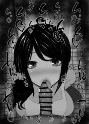 Rule 34 | 1boy, 1girl, apron, blush, breast press, breasts, clothed female nude male, fellatio, from above, greyscale, hair ornament, hair over shoulder, hair scrunchie, japanese text, kurotama, large breasts, lips, long hair, looking at viewer, mieruko-chan, mature female, monochrome, nude, oral, penis, ponytail, pov, saliva, scrunchie, shirt, side ponytail, skirt, squatting, thighs, tile, tile floor, tiles, toilet, tongue, tongue out, veins, veiny penis, yotsuya touko