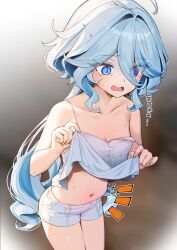 Rule 34 | 1girl, absurdres, ahoge, bare arms, blue eyes, blue hair, breasts, camisole, cowboy shot, eyes visible through hair, furina (genshin impact), genshin impact, hair between eyes, highres, itohana, lifting own clothes, long hair, navel, notice lines, open mouth, plump, short shorts, shorts, small breasts, solo, standing, strap slip, sweat, tearing up, translation request, very long hair, white shorts