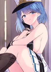 Rule 34 | 1girl, azur lane, black gloves, black pantyhose, blue hair, breasts, chapayev (azur lane), clothes pull, gloves, hair ornament, hand on knees, hand on own cheek, hand on own face, hat, highres, himiya jouzu, large breasts, looking at viewer, military hat, pantyhose, pantyhose pull, peaked cap, pleated skirt, short hair, sitting, skirt, smile, topless, white skirt