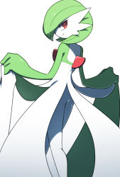 Rule 34 | 1girl, ass, clothes lift, creatures (company), dress, dress lift, flashing, from behind, game freak, gardevoir, gen 3 pokemon, green hair, hair over one eye, highres, legs, lifting own clothes, looking at viewer, looking back, nintendo, no humans, no panties, pale skin, pokemon, pokemon (creature), red eyes, sasaki sue, short hair, simple background, smile, solo, thighs, white background, white dress