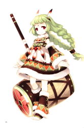 Rule 34 | 1girl, absurdres, aged down, barefoot, blunt bangs, braid, detached sleeves, dress, face, facial mark, feathers, forehead mark, green hair, hammer, headband, highres, jewelry, leg warmers, necklace, original, patterned legwear, red eyes, scan, skirt, smile, solo, tareme, tearfish, twin braids, weapon
