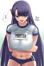 Rule 34 | 1girl, arms under breasts, blouse, blue buruma, blue eyes, breasts, buruma, ear piercing, earrings, english text, fate/grand order, fate (series), gachou, gym uniform, hard-translated, highres, jewelry, large breasts, long hair, looking at viewer, martha (fate), name tag, navel, parted lips, piercing, purple buruma, purple hair, shirt, short sleeves, smile, solo, speech bubble, third-party edit, white shirt