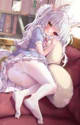 Rule 34 | 1girl, absurdres, ahoge, animal ear fluff, animal ears, ass, blue dress, book, bookshelf, cat ears, cat girl, cat tail, clothes lift, couch, dress, dress lift, feet, flower, highres, indoors, legs, long hair, looking at viewer, lying, no shoes, nyahu (nyahu 77), on side, original, panties, panties under pantyhose, pantyhose, photo (object), picture frame, pillow, red eyes, ribbon, short sleeves, smile, soles, solo, tail, thighband pantyhose, thighs, toes, two side up, underwear, white hair, white panties, white pantyhose, window