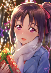 Rule 34 | 1girl, :d, blush, breath, christmas, christmas lights, christmas present, gift, hair ribbon, highres, jacket, kazuno sarah, looking at viewer, love live!, love live! sunshine!!, open mouth, parted bangs, pink ribbon, purple hair, red eyes, ribbon, scarf, shamakho, side ponytail, signature, smile, tree print, upper body, white neckwear