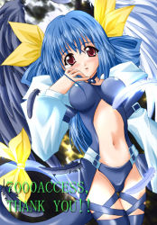 Rule 34 | 1girl, arc system works, asymmetrical wings, blue hair, bow, dizzy (guilty gear), feathers, guilty gear, hair bow, long sleeves, midriff, navel, red eyes, ribbon, solo, tail, tail ornament, tail ribbon, thighhighs, wings