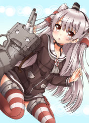 Rule 34 | 1girl, absurdres, amatsukaze (kancolle), black dress, brown eyes, dress, hairband, hat, highres, kantai collection, long hair, oooqqq, open mouth, red thighhighs, rensouhou-kun, sailor dress, see-through, short dress, silver hair, sitting, solo, thighhighs, very long hair